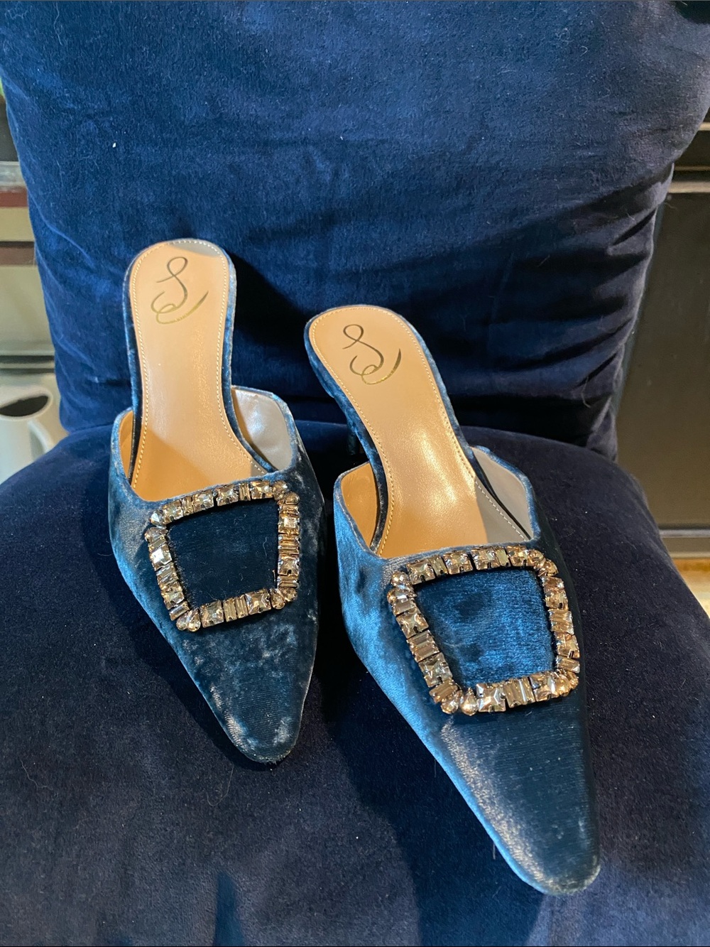 Sam Edelman Blue Velvet Pointed Crystal-Buckle Mules
